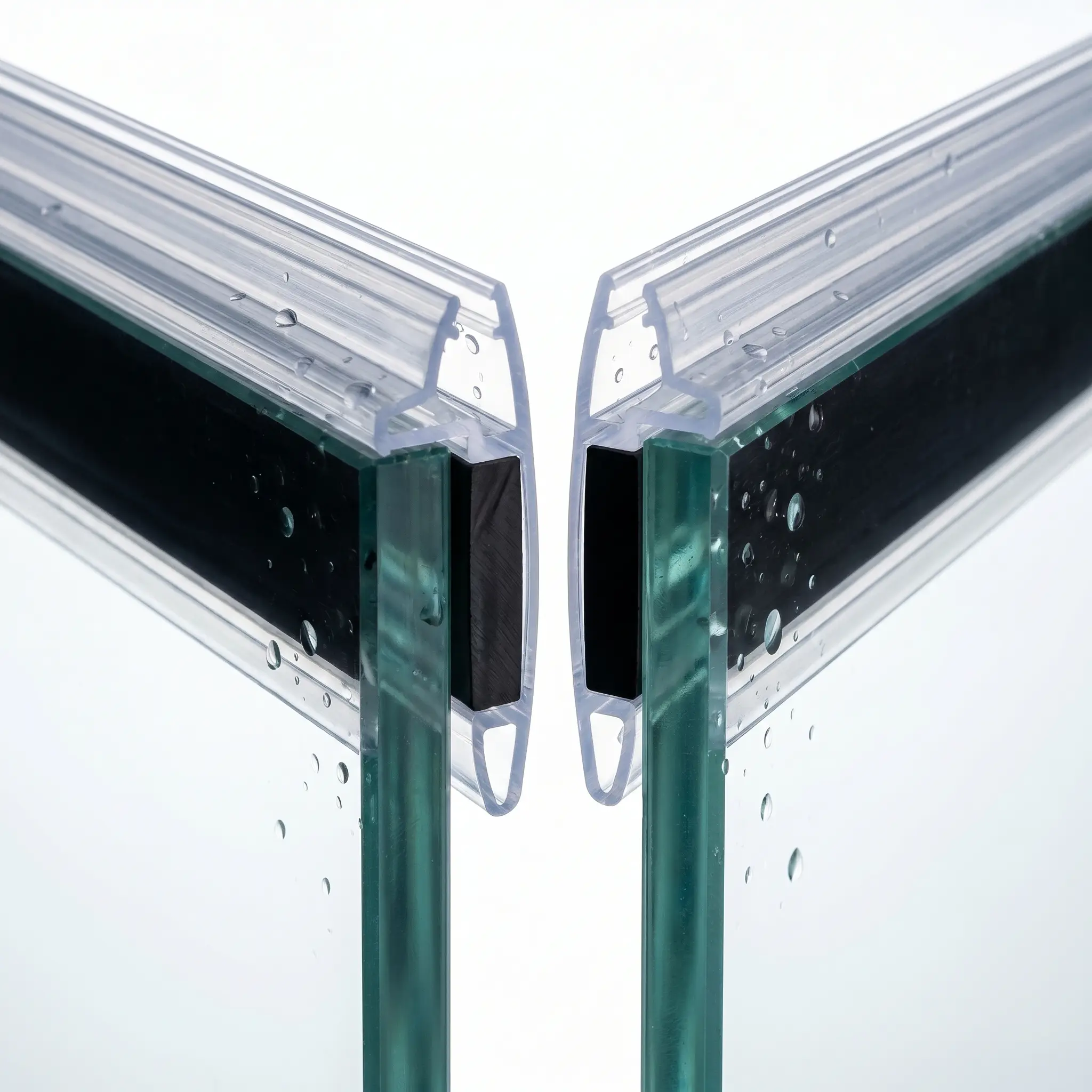 Magnetic shower door seal in cross-section — closing profile for pivot doors with 90, 135 or 180 degree magnet angle