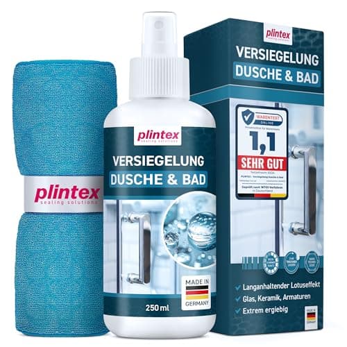PLINTEX® Duschglas-Versiegelung für Dusche & Bad 250ml mit Lotuseffekt | Langanhaltende Nano-Glasversiegelung inkl. Mikrofasertuch für Glas, Fliesen, Armaturen, Keramik I Made in Germany