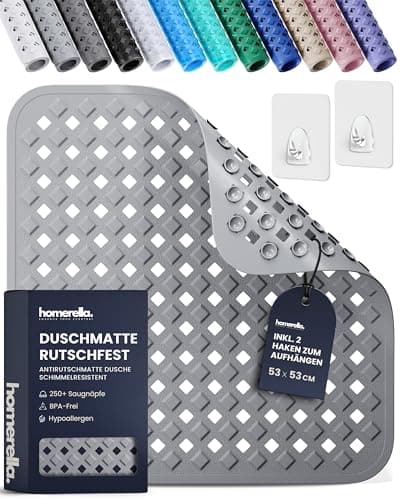 homerella Duschmatte rutschfest 53x53cm Antirutschmatte Dusche inkl 2 Haken | Antibakteriell, 100% BPA Frei & schimmelresistent - Rutschfeste Duschwanneneinlage Duscheinlage rutschfest maschinenwaschbar