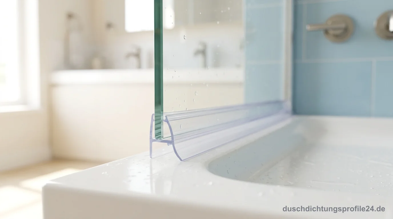 Duschdichtungsprofil im Detail: transparente Bodendichtung mit Abtropflippe an der Glaskante einer Dusche — Duschdichtungsprofile24